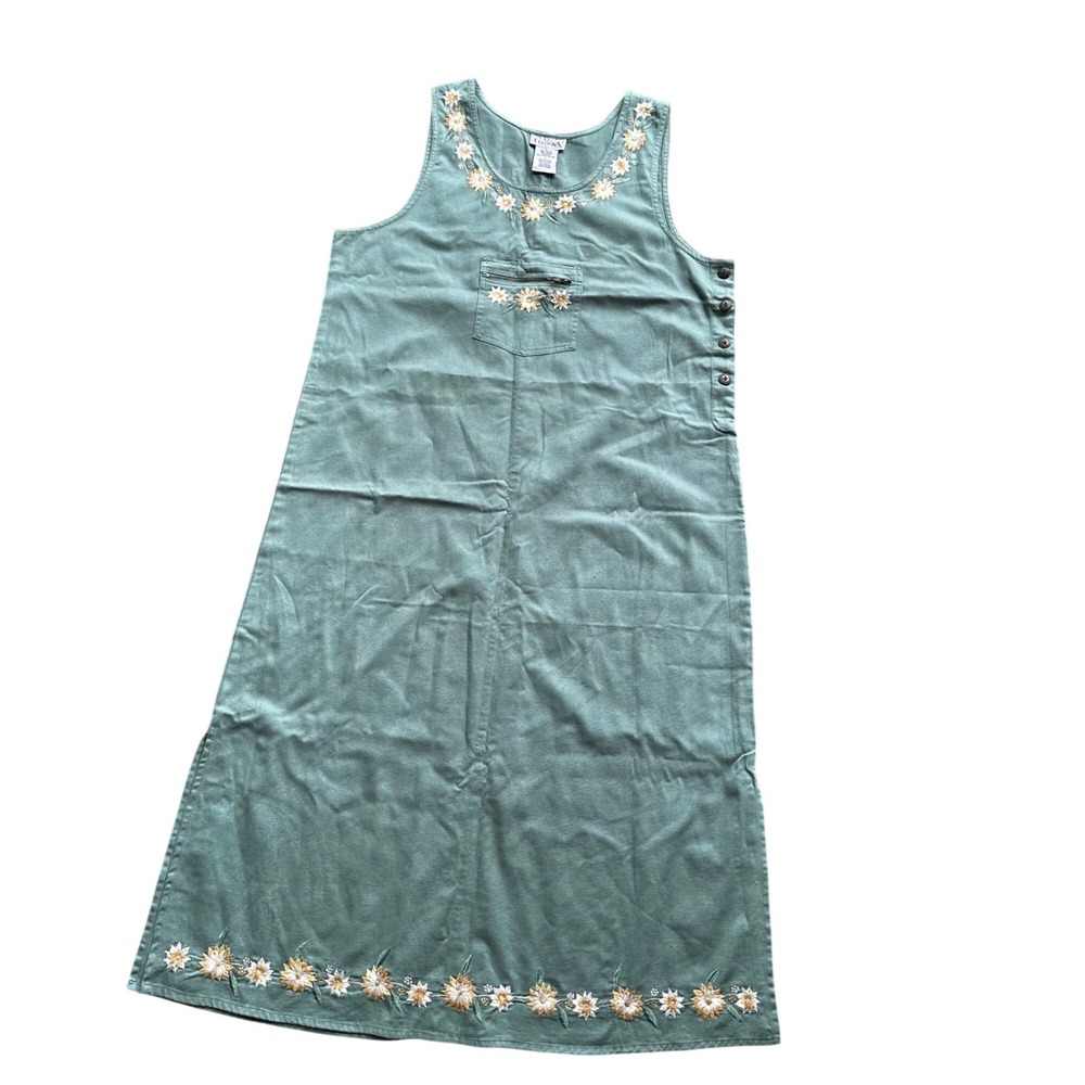 Basic Editions Vintage Sage Green Cotton Floral Embroidered Jumper Dress Large